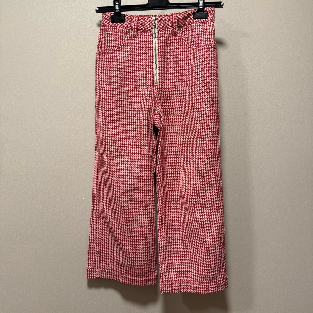 Topshop MOTO Red Houndstooth Wide Leg Cropped 100% Cotton Capri Pants - W25 - Picture 2 of 9